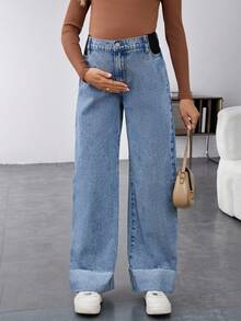 SHEIN Quần jeans bầu cạp cao ống rộng dáng suông đa năng, quần jeans dài màu xanh denim cho nữ, gấu quần xắn lên, thoải mái khi mặc vào mùa đông, Giáng sinh, Năm mới, Lễ Tạ ơn, đi làm, kỳ nghỉ, tốt nghiệp, phong cách Y2K, dễ thương, thời trang đường phố, dự tiệc, đám cưới, thanh lịch, công sở, quần jeans bầu ống rộng hỗ trợ bụng, phong cách tối giản, kiểu mẹ, dễ phối áo sơ mi. - Màu xanh lam - Xem 4