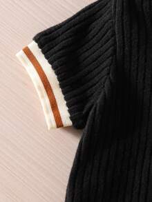 SHEIN Vintaside Kids 2件組男嬰黑色條紋POLO衫上衣與短褲套裝，柔軟羅紋面料幼童夏季休閒紳士風家庭穿搭，6個月-3歲 - 黑色 - 查看 5