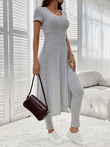 SHEIN LUNE Ladies' Sleeveless Ribbed Split Hem Long T-Shirt And Pants Two-Piece Set - Grey - View 4