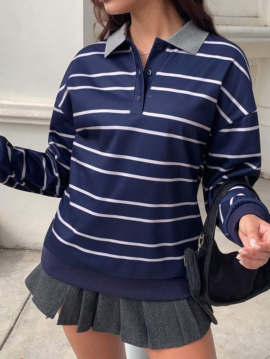INAWLY Solva 女士休闲落肩条纹卫衣,秋冬款 - 藏蓝色 - 查看 1