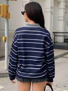 INAWLY Solva 女士休闲落肩条纹卫衣，秋冬款 - 藏蓝色 - 查看 2