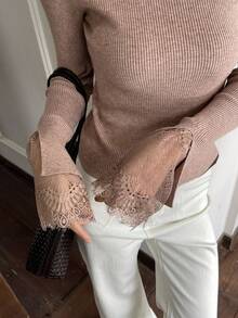 DAZY Lace Patchwork Slim Fit Women Pullover Sweater - Khaki - View 7