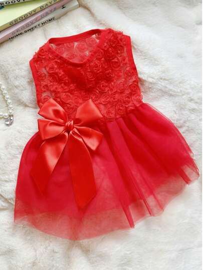 PETSIN 可爱宠物红色蕾丝蝴蝶结连衣裙 - 公主风格狗猫正式服装，适合派对和节日