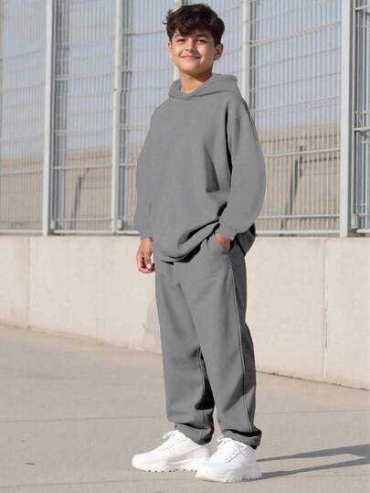 Vacaura 2pcs/Set Tween BoySolid Color Casual Pullover Hoodie And Straight Leg Pants Set, Comfortable Fabric, Versatile Color, Suitable For School And Daily Wear, Autumn/Winter