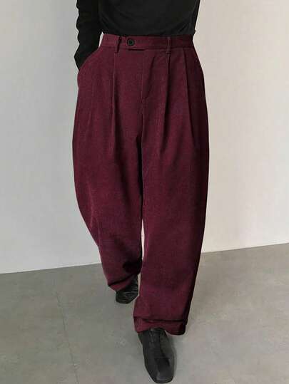 Claim Dot Men's Loose Fit Slant Pocket Folded Pleat Trousers, Going Out Fashion Plain Long Baggy Slacks Pants, For Husband, Boyfriend Gifts Men Corduroy Pantsoversized Pants Burgundy Pants Men Men Oversized Pants Men Baggy Wide Pants Baggy Pants Y2k