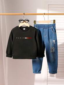 SHEIN 1 Set Young Boys Casual Street Style Minimalist Paris Letter Colorblock Pattern Long Sleeve Sweatshirt And Jeans Outfit, Suitable For Outings In Autumn/Winter