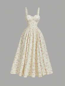 SHEIN MOD 女式复古碎花褶饰腰部优雅中长连衣裙、女士度假装、女士夏季装、女士西部装、乡村装、海滩度假装、情人节装、女士波西米亚风连衣裙