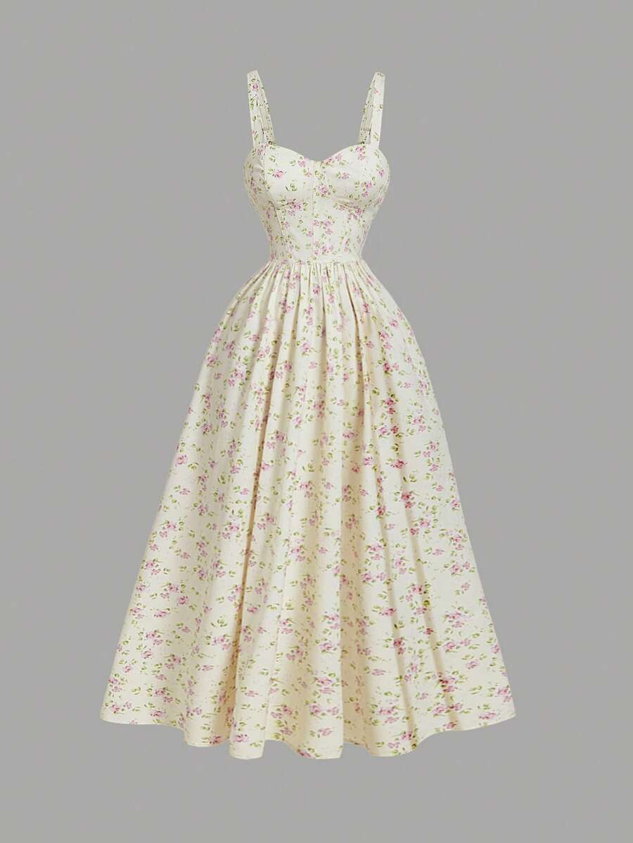 SHEIN MOD 女式复古碎花褶饰腰部优雅中长连衣裙、女士度假装、女士夏季装、女士西部装、乡村装、海滩度假装、情人节装、女士波西米亚风连衣裙