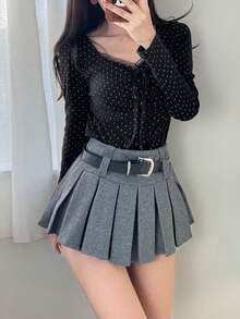 FRIFUL 女士优雅波点印花撞色蕾丝扭结前襟修身T恤，适合日常通勤，长袖 - 黑色 - 查看 2