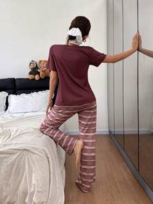 SHEIN 2pcs Cute Puppy Print Pajama Set, Short Sleeve Top And Long Pants Pajama Sets For Women Round Neck Summer Pijama Sets For Women Lounge Wear Women Set Sleep Wear Women Set Pajamas Set For Woman