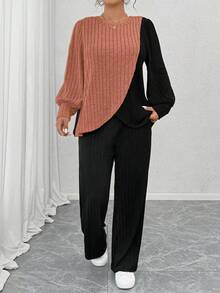 EMERY ROSE Plus Size Crew Neck Long Sleeve Soft Knit Ribbed Colorblock Asymmetrical Patchwork Top And Soft Knit Ribbed Straight Leg Pants Casual Loungewear 2 Pieces Set - Multicolor - View 5