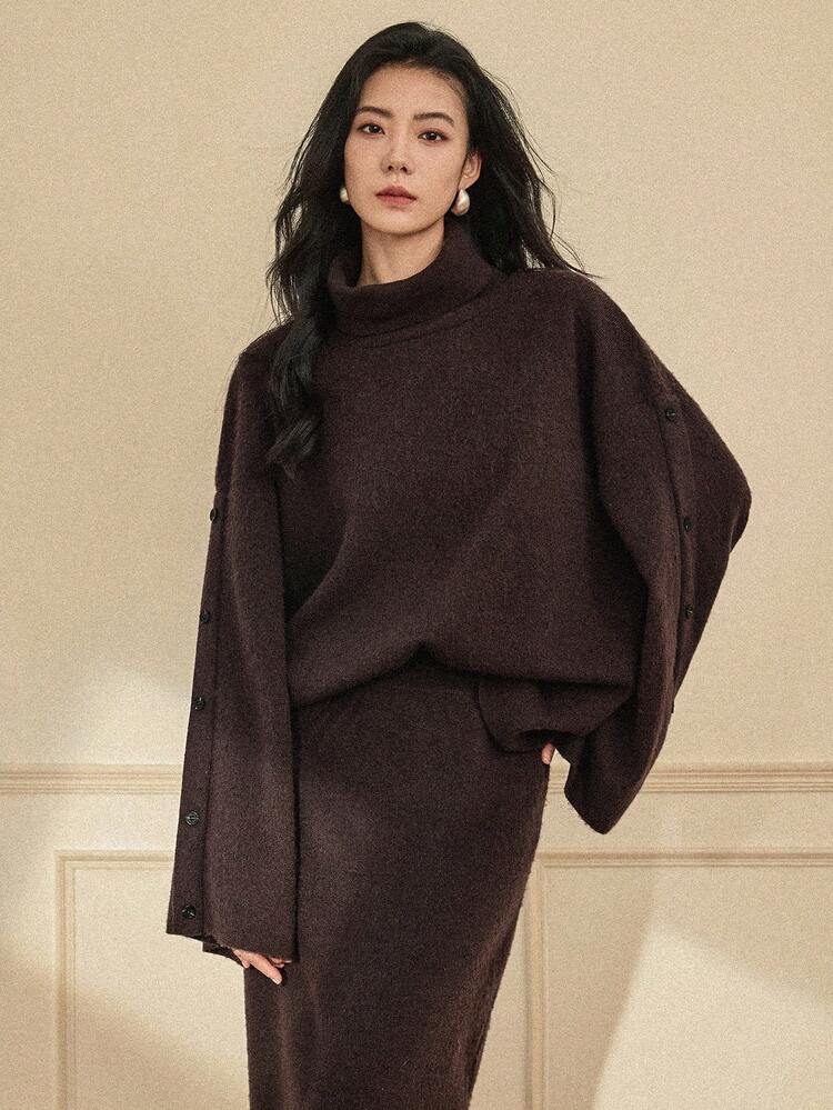 Women's Casual Daily Commute Simple Solid Color Turndown Collar Cardigan Batwing Sleeve Loose Sweater & Sweater Skirt 2-Piece Set, Autumn/Winter Business Casual Woman