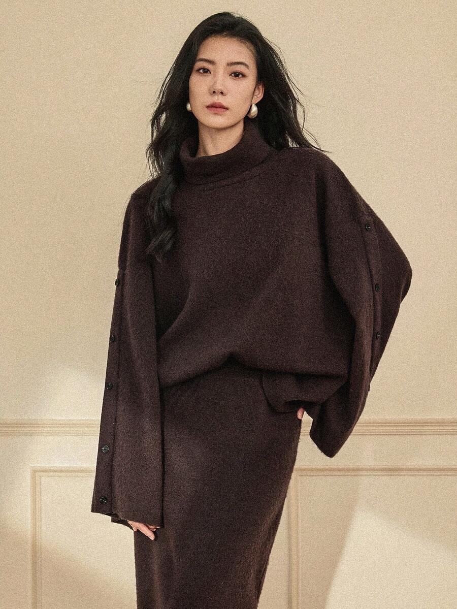 Dazy-Less Bộ đồ nữ thường ngày đơn giản, màu trơn, cổ bẻ, tay cánh dơi gồm áo cardigan và chân váy len, thích hợp cho việc đi làm, mùa thu/đông, phong cách công sở thường ngày. - màu nâu - Xem 1
