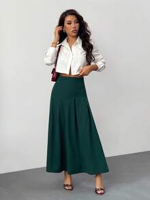 SHEIN PETITE 女士纯色半身裙 绿色长款宽松优雅高端款，适合秋冬季穿着 - 軍綠色 - 查看 5