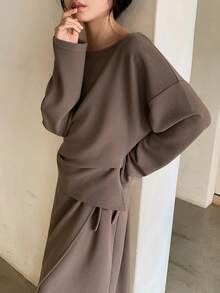 DAZY 2pcs/Set Tween Girls Crew Neck Knit Long Sleeve Top And Skirt Outfit, Fall