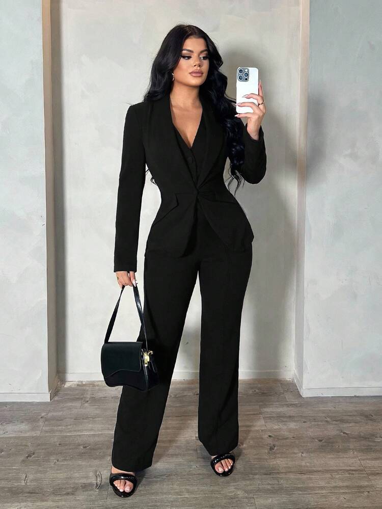 SHEIN SXY Conjunto de 3 piezas para mujer talla grande: blazer de manga larga, camiseta sin mangas y pantalones, conjunto sexy para ir al trabajo y citas, ropa de otoño e invierno color azul profundo para mujeres - Negro - Añade 4