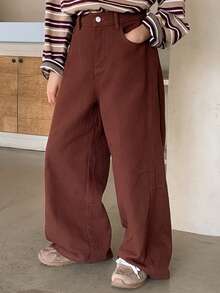 DAZY 少女款带口袋宽松休闲百搭阔腿牛仔裤 - 紫紅色 - 查看 5