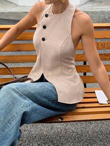 Siren Gaze Women's Women's Fashionable Sexy Front Button Backless Halter Top - Apricot - View 5