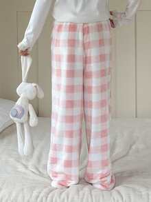 DAZY Tween Girl Plaid Pattern Elastic Waist Fluffy Wide Leg Pajama Pants, Autumn/Winter - Pink - View 2