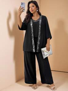 SHEIN LUNE 三件套亮片拼接无袖上衣、七分袖外套和裤子，大码派对套装 - 黑色 - 查看 3
