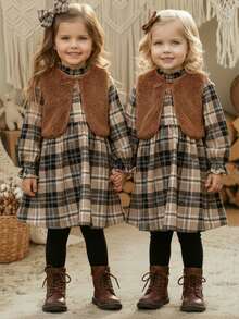 LMoss Kids LMoss 2pcs/Set Young Girl Knit Fuzzy Vest & Plaid Casual Dress,Christmas Autumn Winter Clothes,White Sequence,Princess,7th Birthday,Back-To-School - Multicolor - View 5