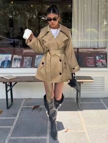 Muchica 女士时尚优雅双排扣束带风衣法式风衣女装风衣秋冬女装风衣 - 卡其色 - 查看 5