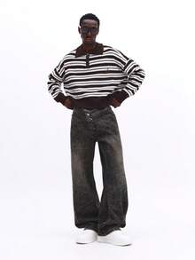 SUMWON 阔腿酸洗牛仔裤，纽扣门襟，宽松版型，休闲街头风，秋冬时尚 - 黑色 - 查看 3