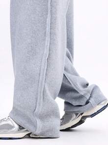 SUMWON 宽松褶皱运动裤，饰有品牌标志刺绣，休闲舒适，抽绳设计，抓绒面料，冬季居家休闲服，纯色款 - 灰色 - 查看 6