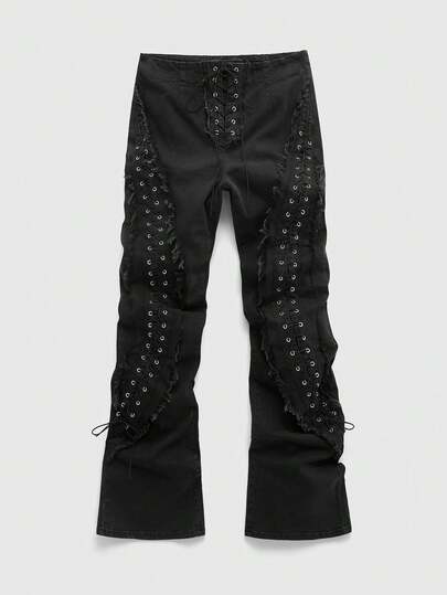 ROMWE MEN Street Life Men's Distressed Eyelet Lace-Up Flared Jeans