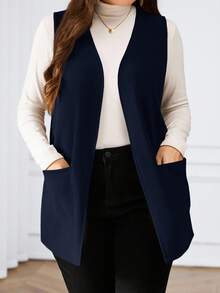 Miaspire Plus Size Solid Color Sleeveless Loose Pocket Simple Casual Jacket,Spring/Summer,Summer Clothes,Vacation Outfits Woman / Vacation In Fall/Winter - Navy Blue - View 4