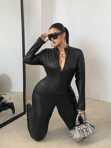 POPSWAY Plus Size Sexy Long Sleeve Tight Coated Leather Jumpsuit