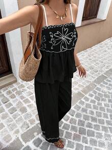 Serisse 女士花卉刺绣弧形下摆吊带背心和裤子两件套，度假风 - 黑與白 - 查看 5