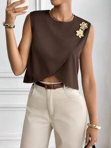 Serisse 女士时尚通勤无袖衬衫，金属装饰，夏季 - 棕色 - 查看 5