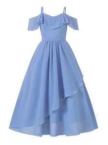 少女款，优雅蓝色吊带露肩雪纺长裙，适合晚宴、派对、圣诞节、万圣节、婚礼、舞会、毕业典礼、返校季及其他场合。 - 藍色 - 查看 3