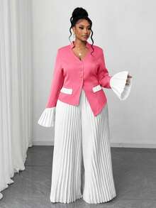Maweii 2 pièces/Set Blazer ajusté à col en V et patchwork avec ourlet mouchoir et pantalon long plissé pour femmes, tenue de bureau élégante, grande taille