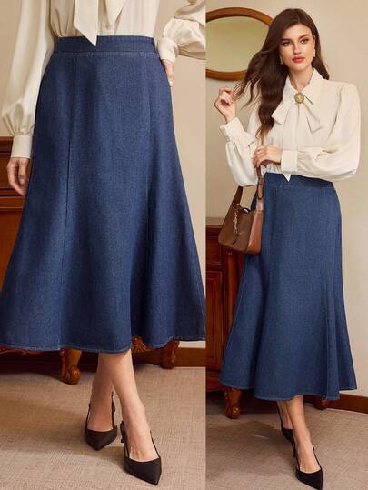 Vintamour Women's High Waist Elegant Commuter Denim A-Line Skirt Winter Clothes For Women Christmas Clothes New Year Skirt Party Skirt Elegant Women Women Classic Denim A Line Midi Skirt High Waist Summer Casual Jean Skirt With Pockets For Everyday