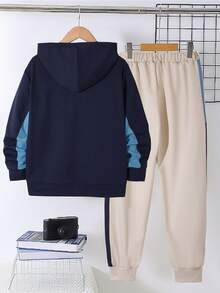 Vacaura 2pcs/Set Fashionable Tween Boys Hooded Sweatshirt With Contrast Color Splicing And Sweatpants Casual Sports Outfit