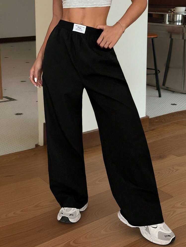 SHEIN EZwear Pantalones rectos y sueltos de pierna ancha de color negro con estampado tipo zhanga para vacaciones de primavera y verano - Negro - Añade 1