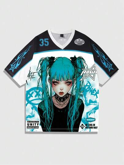 ROMWE MEN Camiseta de manga corta con estampado de anime para hombres