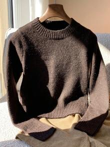 Comfortcana Áo len dài tay cổ tròn màu trơn thường ngày cho nữ, mùa thu/đông - Cà phê nâu - Xem 5