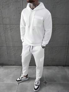 SLATEMANN 男士纯色拉链连帽衫和运动裤休闲运动服套装，秋季，秋装，舒适服装 - 白色 - 查看 5