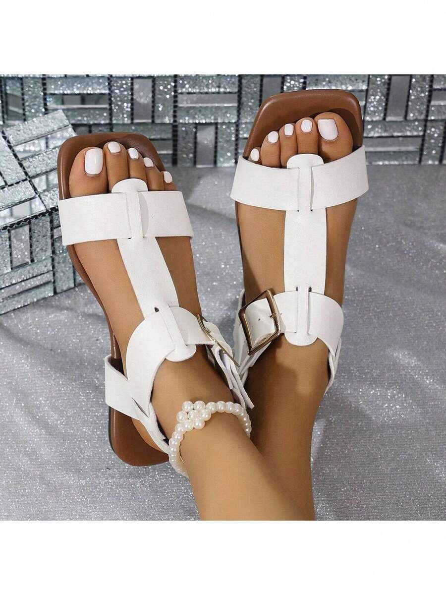 Sandalias planas para mujer, sandalias planas con correa y hebilla calada, estilo europeo y americano, combinadas con sandalias de playa a la moda. - Blanco - Ver 1