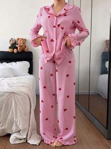 Eraneu Women's Heart Striped Ruffle Collar Single-Breasted Top And Pants Pajama Set, Winter Clothes - Pink - View 7
