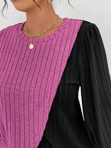 EMERY ROSE Plus Size Crew Neck Long Sleeve Soft Knit Ribbed Colorblock Asymmetrical Patchwork Top & Straight Leg Pants 2 Pieces Set,Black,Autumn,Smart Casual,Everyday - Multicolor - View 6
