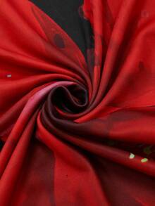 SHEIN Franclia Women's Fashionable Red & Black Floral Print Flare Sleeve Long Dress, Valentine's Day Dress - Multicolor - View 6