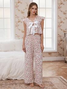 Bộ đồ ngủ áo và quần họa tiết nơ hoa sọc dành cho nữ - Nhiều màu - Xem 6