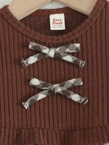 Cozy Pixies 2 pièces Ensemble Top à manches longues col rond avec nœud décoratif et pantalon droit à taille élastique pour bébé fille en patchwork à carreaux - Tabac - Voir 5