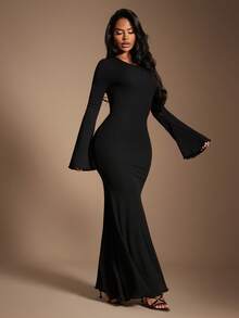 Radiana 女士优雅休闲黑色喇叭长袖鱼尾连衣裙，修身简约时尚基本款连衣裙 - 黑色 - 查看 5