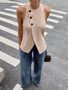 Siren Gaze Women's Women's Fashionable Sexy Front Button Backless Halter Top - Apricot - View 2