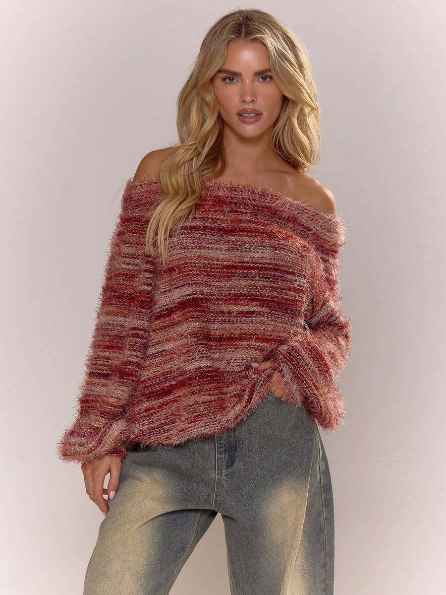 MUSERA Suéter de tricô listrado oversized com ombros à mostra, ocasião casual, saída, outono, noite, encontro fofo, aconchegante, elegante, primavera, verão, férias - Rosa chiclete - Visão 1